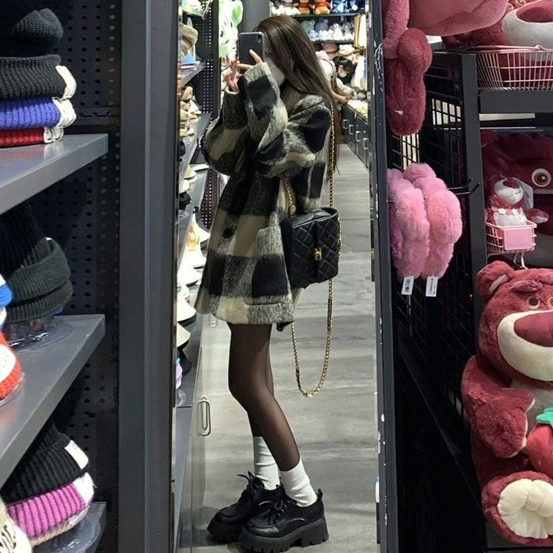 Plaid Suit Wool Coat Women's Retro Thick Loose