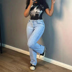 Fashionable All-match Simple Solid Color Elegant Straight Jeans For Women