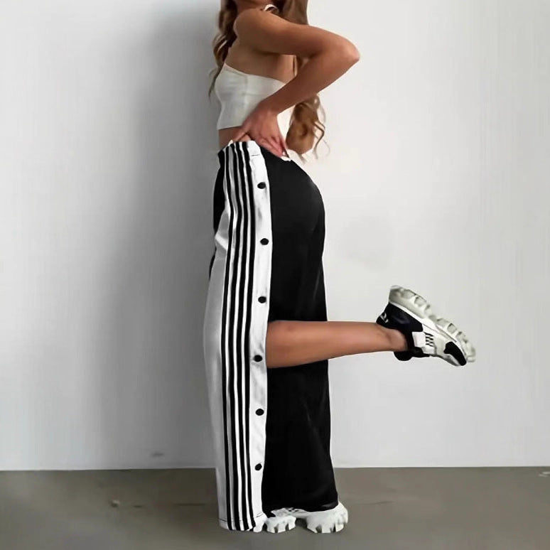 Fashion Trend Stripes Side Button Pants Wide Leg Pants
