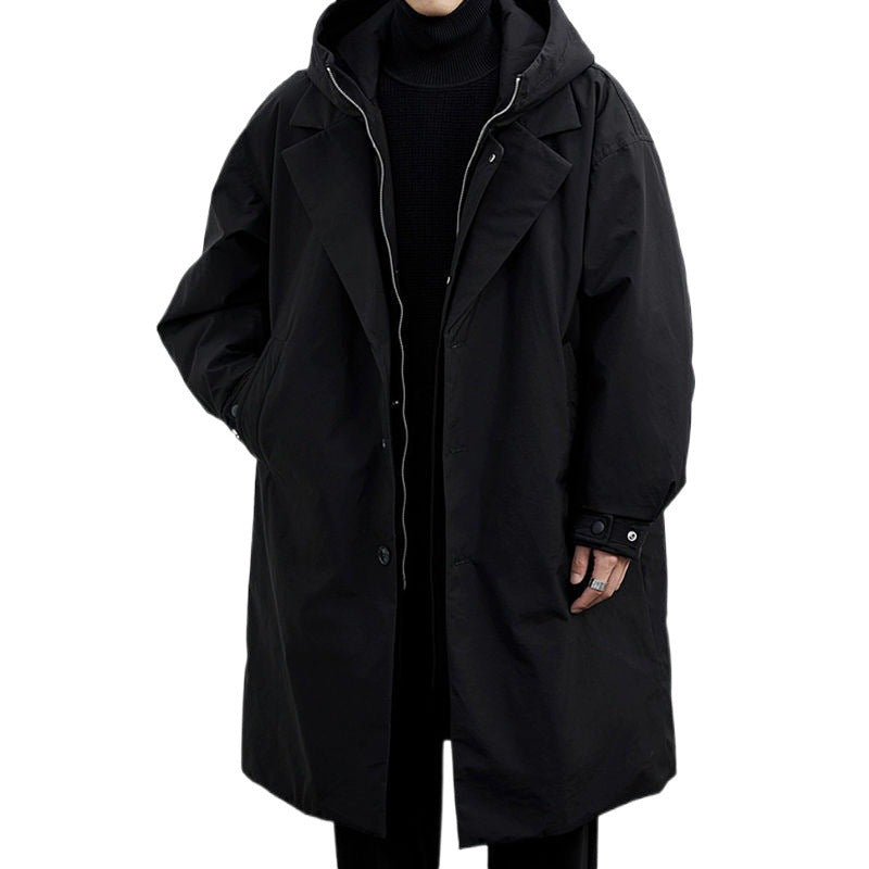 Men's False Two Pieces Hooded Mid-length Trench Coat