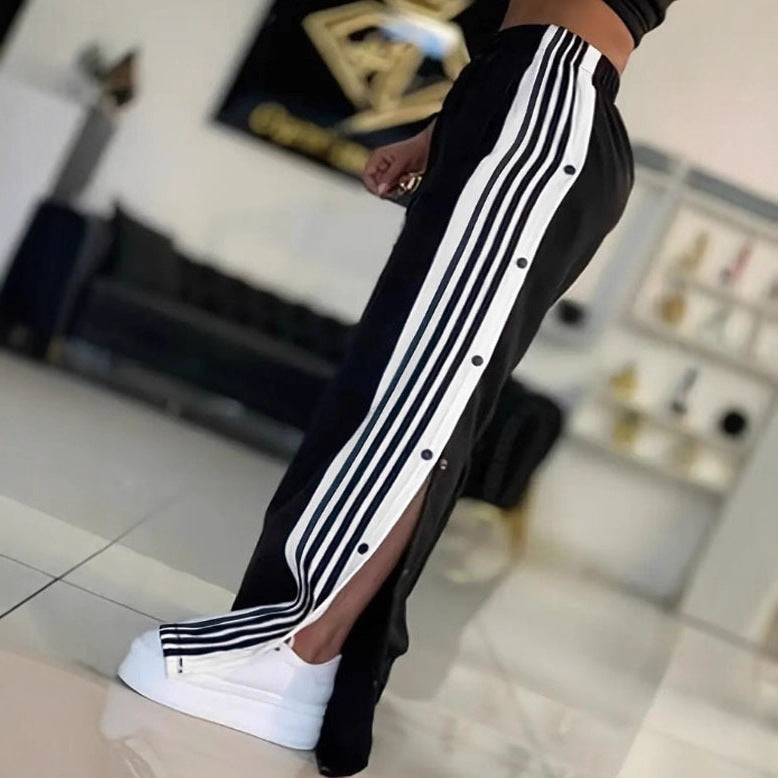 Fashion Trend Stripes Side Button Pants Wide Leg Pants