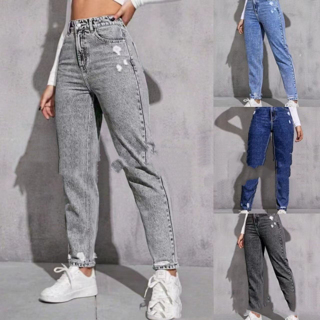 Women's Casual Ripped Washed Jeans With Nine-part Calf