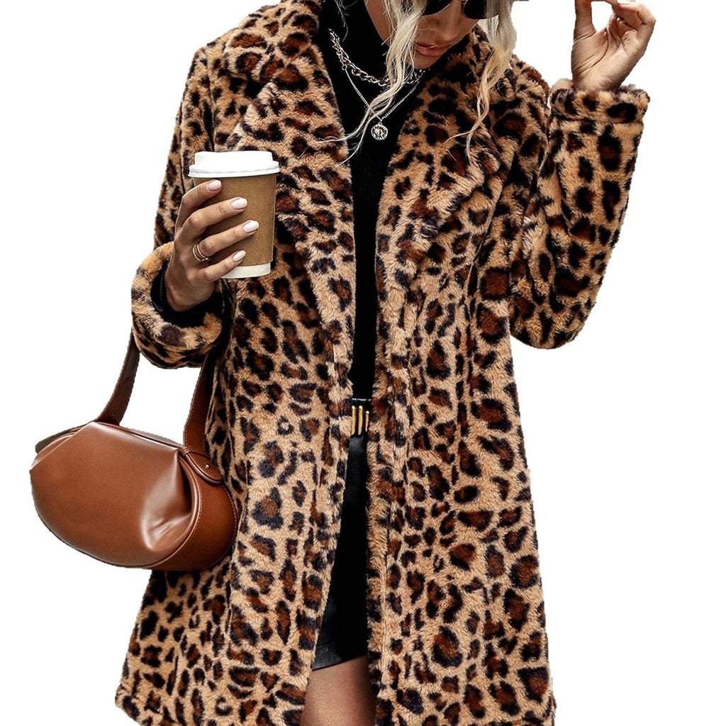 Coat Leopard Print Long Sleeve Furry Coat Top