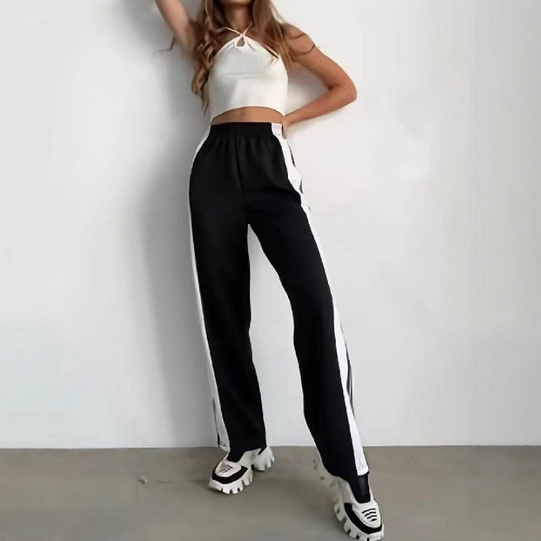 Fashion Trend Stripes Side Button Pants Wide Leg Pants