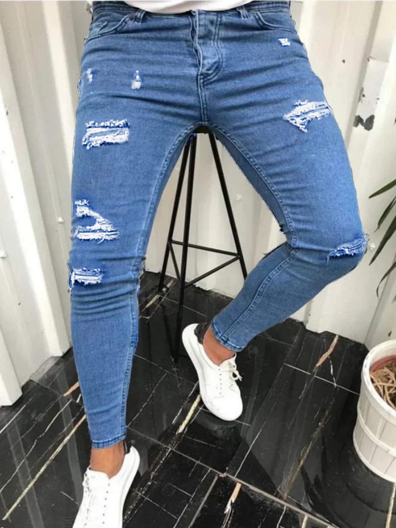 Tight Ripped Trendy Skinny Solid Color Simple Denim Trousers