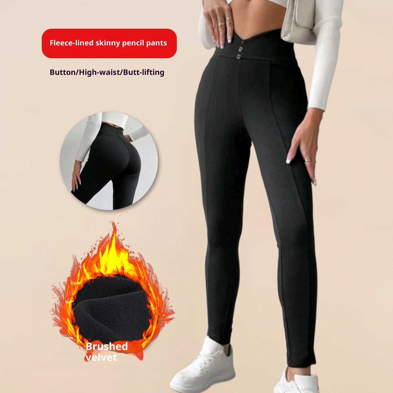 Brushed Leggings V Waist Button Casual Pants