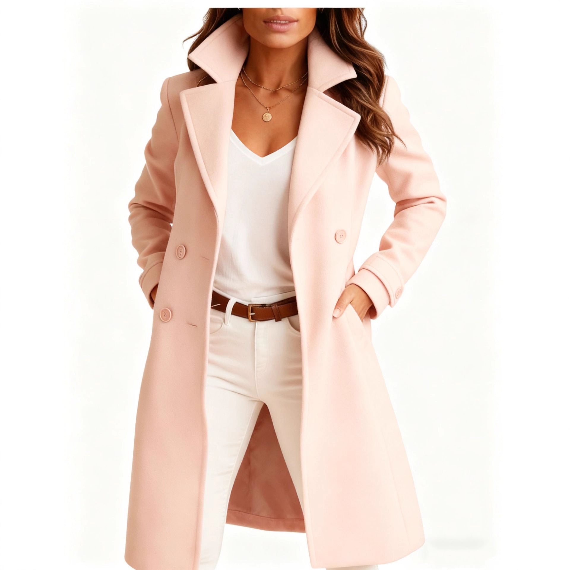 Women's Autumn And Winter Solid Color Polo Collar Mid-length Woolen Coat