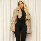 A Short Crop Top With A Fashionable Street PU Leather Patchwork Fur Collar