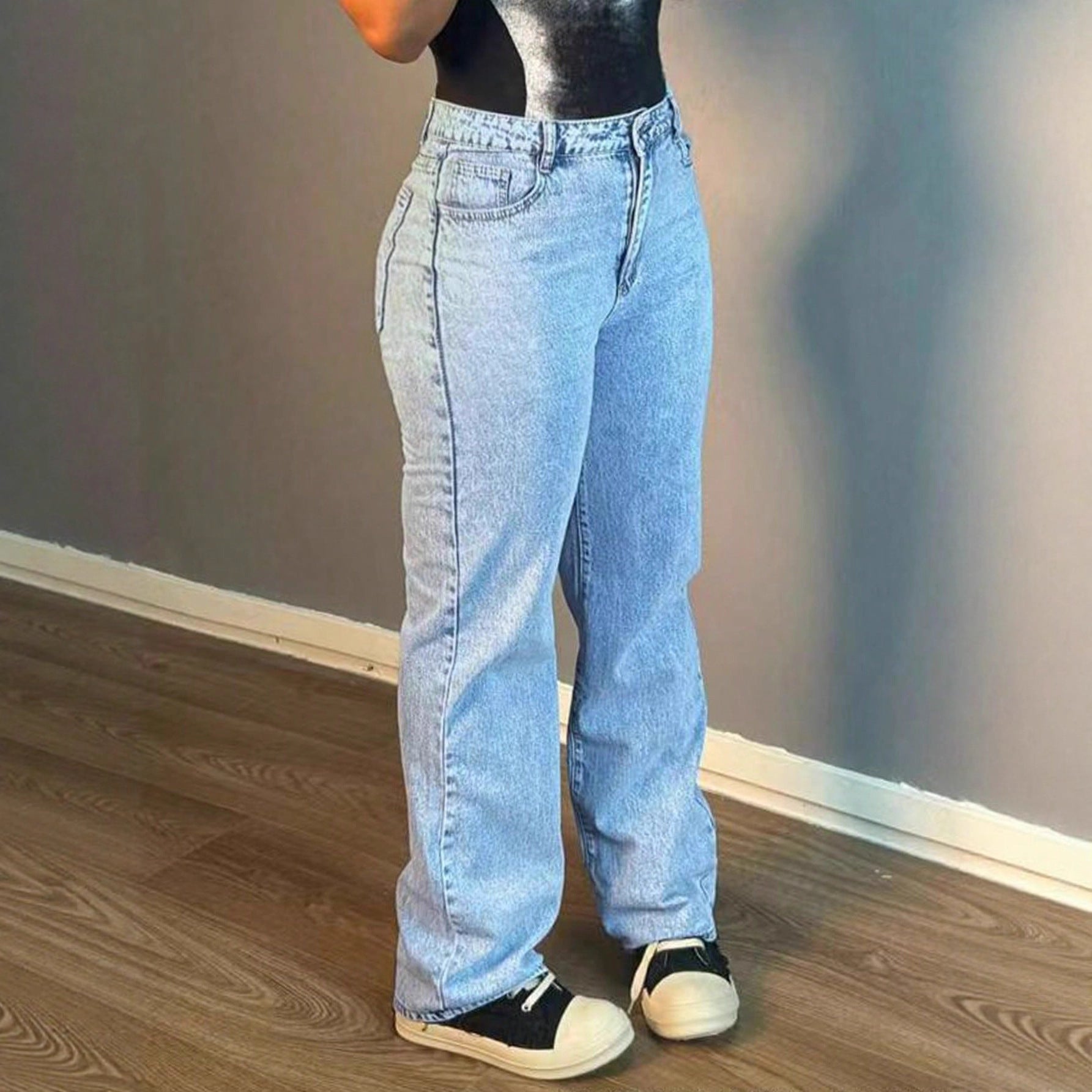 Fashionable All-match Simple Solid Color Elegant Straight Jeans For Women