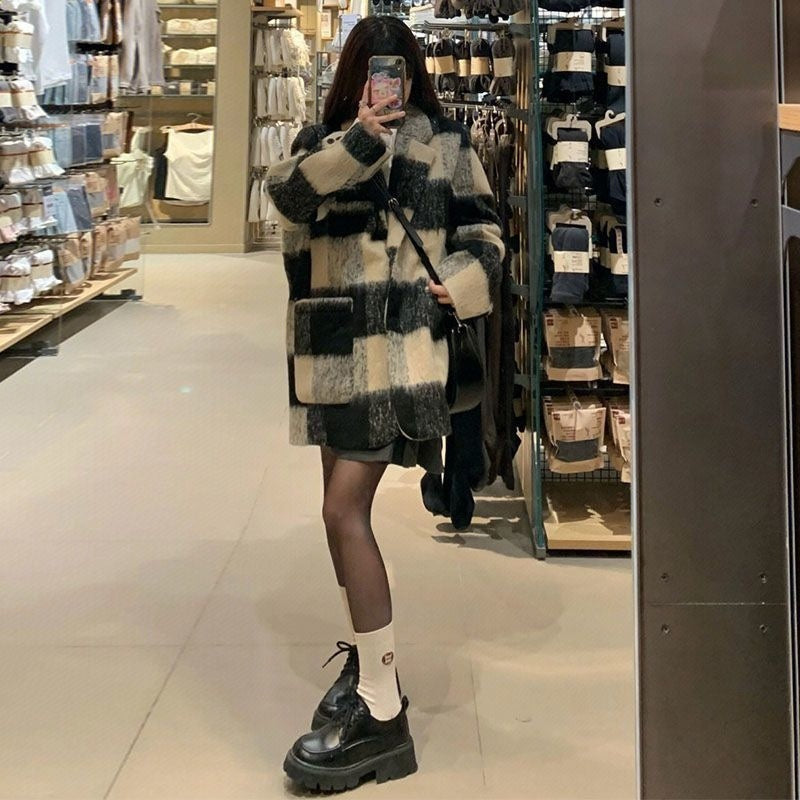 Plaid Suit Wool Coat Women's Retro Thick Loose