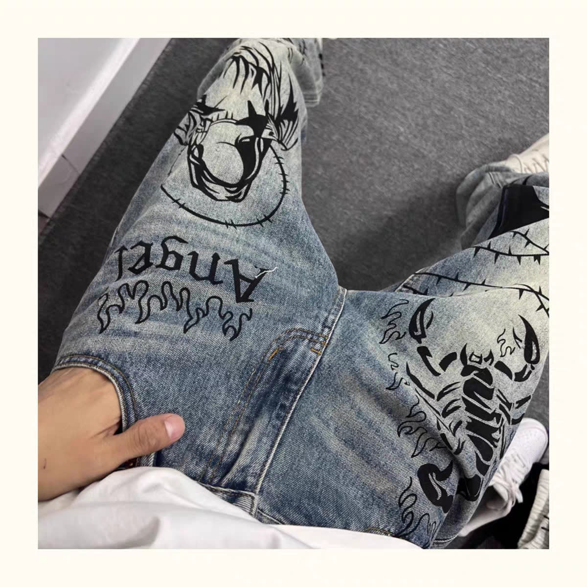 Slightly Pulled Doodle Hand Drawn Dirty Gradual Change From Black To Gray Jeans