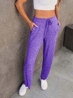 Drawstring Pocket Solid Color Loose Casual Pants Women