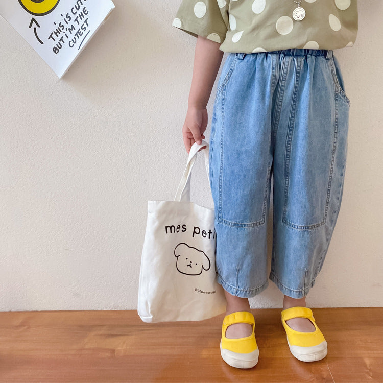 Girls Retro Denim Wide-leg Pants Baby Loose Thin Stitching Nine-point Pants Trend