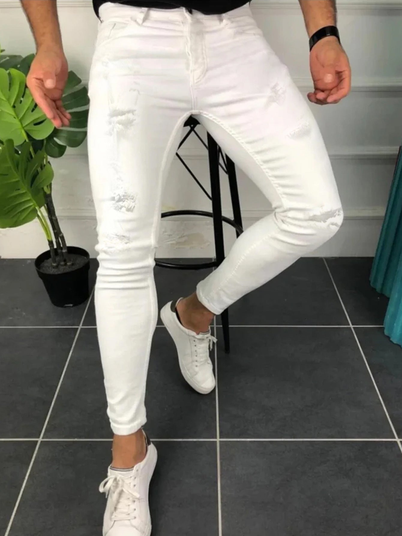 Tight Ripped Trendy Skinny Solid Color Simple Denim Trousers