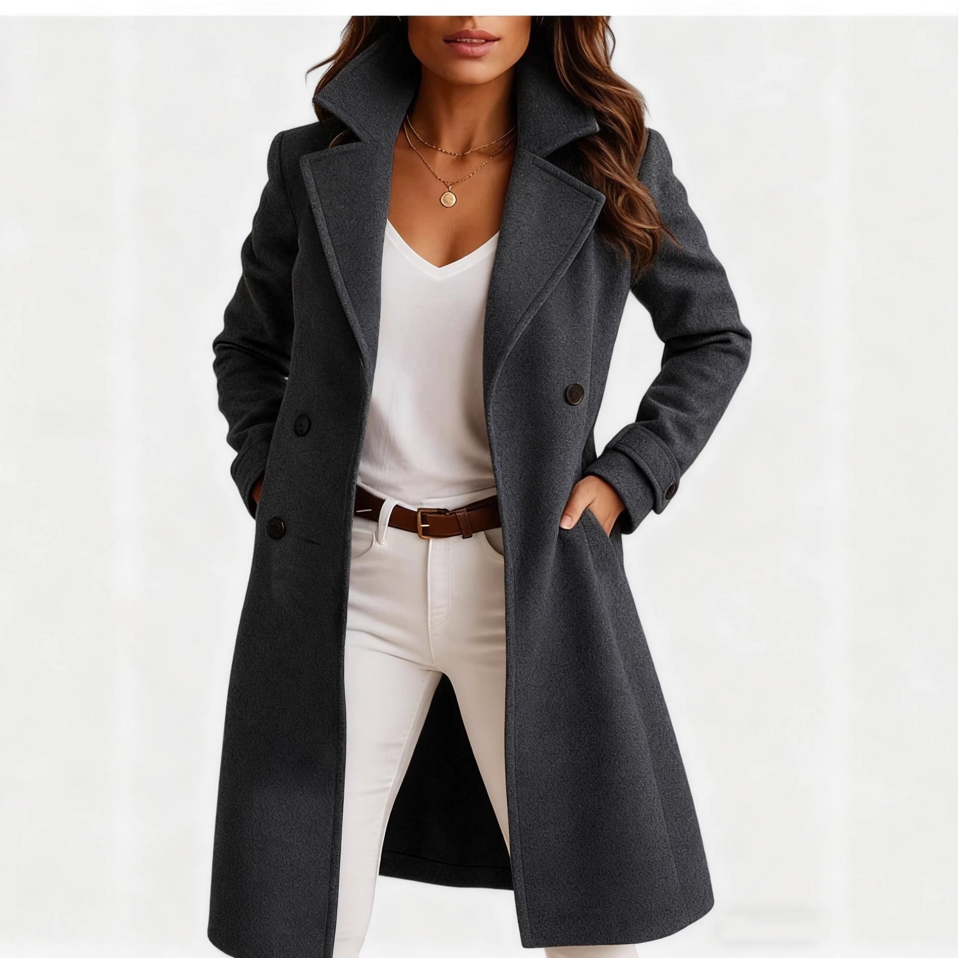 Women's Autumn And Winter Solid Color Polo Collar Mid-length Woolen Coat