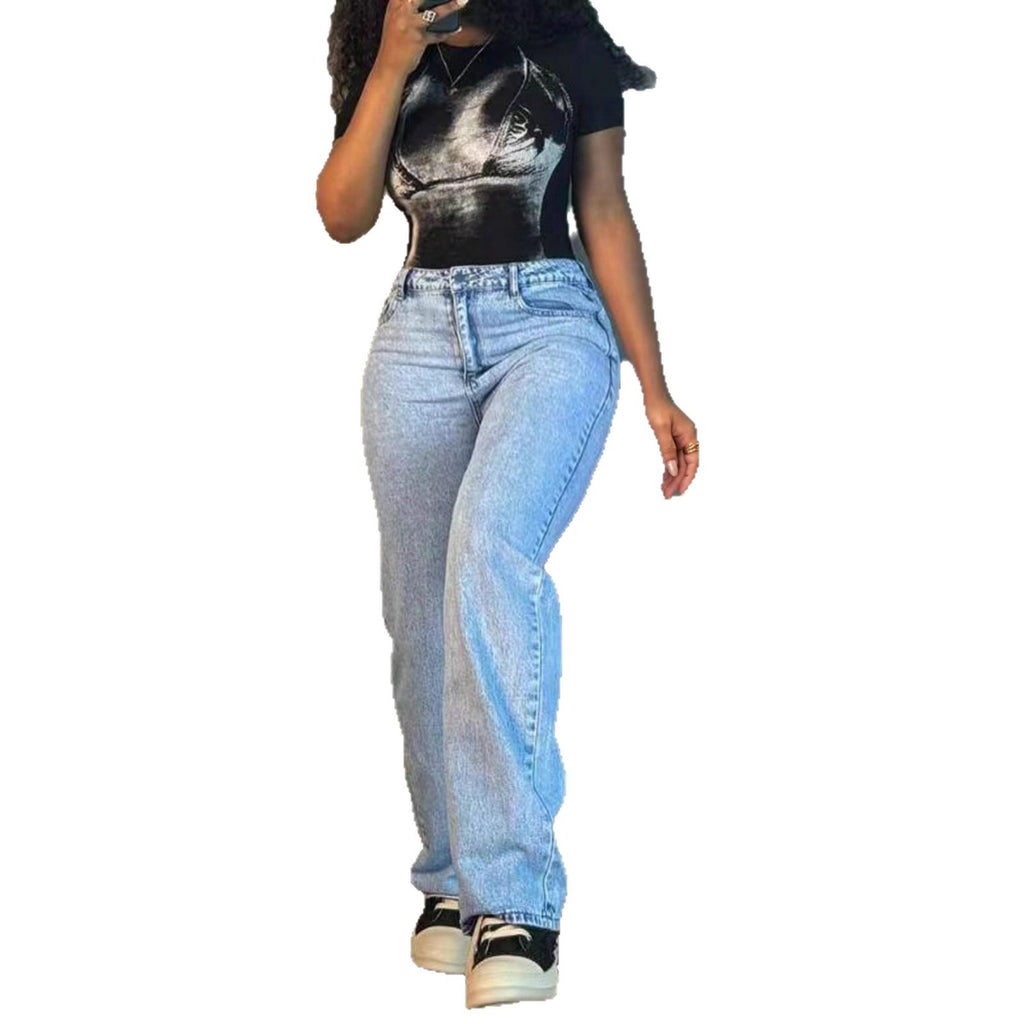 Fashionable All-match Simple Solid Color Elegant Straight Jeans For Women