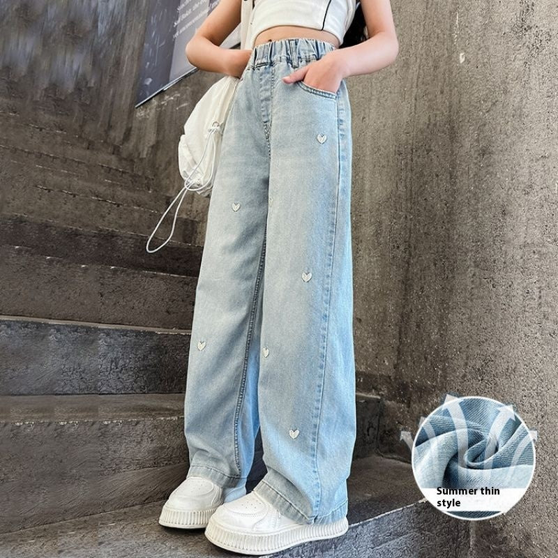 Wide-leg Pants Straight Loose Trousers Medium And Large Children Girls Lyocell Denim