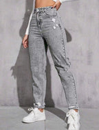 Women's Casual Ripped Washed Jeans With Nine-part Calf