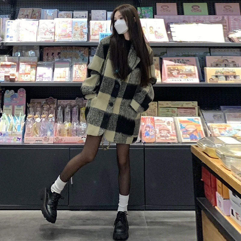 Plaid Suit Wool Coat Women's Retro Thick Loose