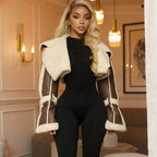 A Short Crop Top With A Fashionable Street PU Leather Patchwork Fur Collar