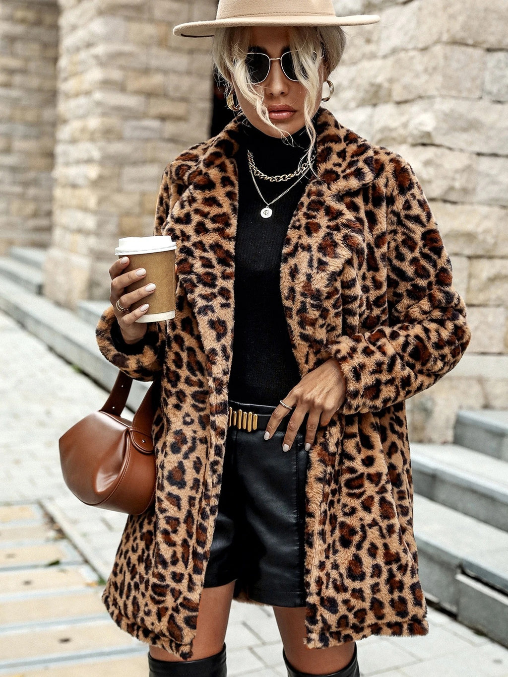 Coat Leopard Print Long Sleeve Furry Coat Top