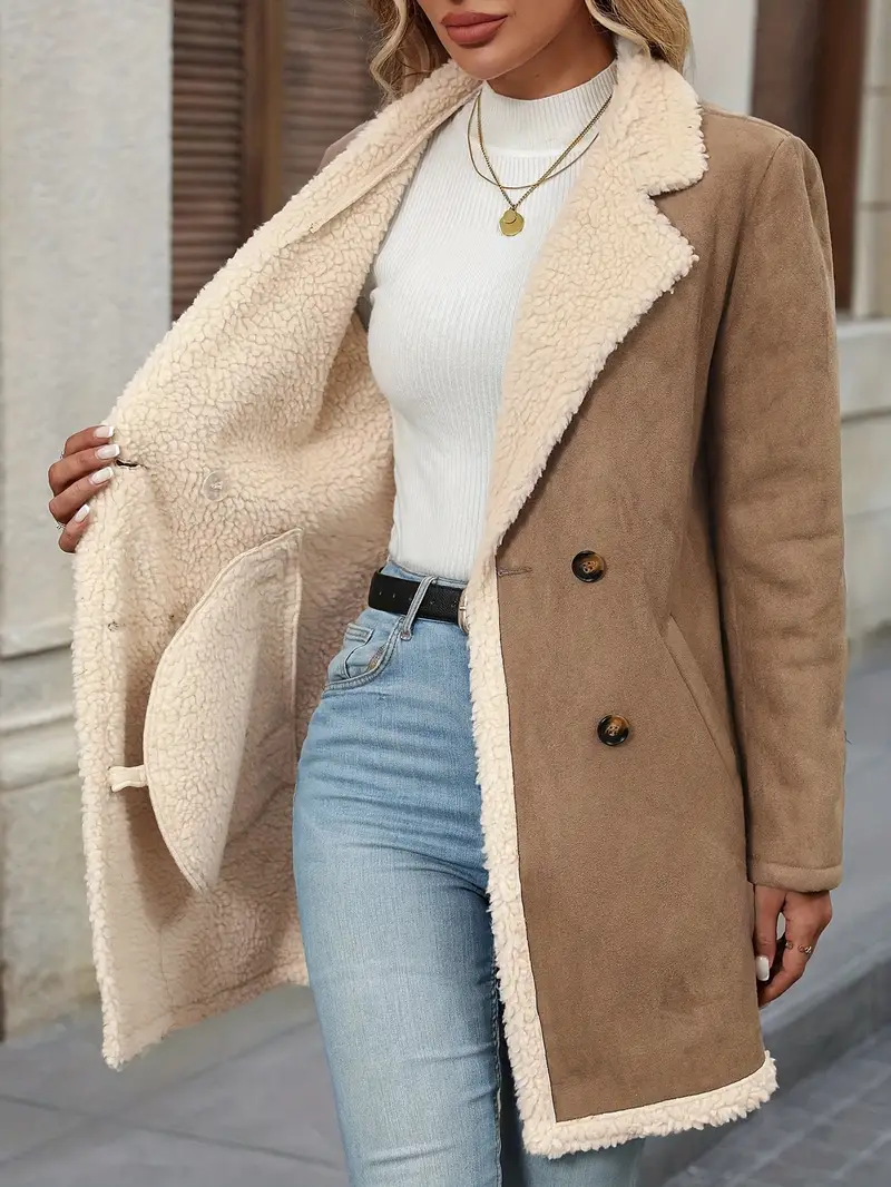 Women's Elegant Double-Breasted Long Coat - Brown & White Contrast