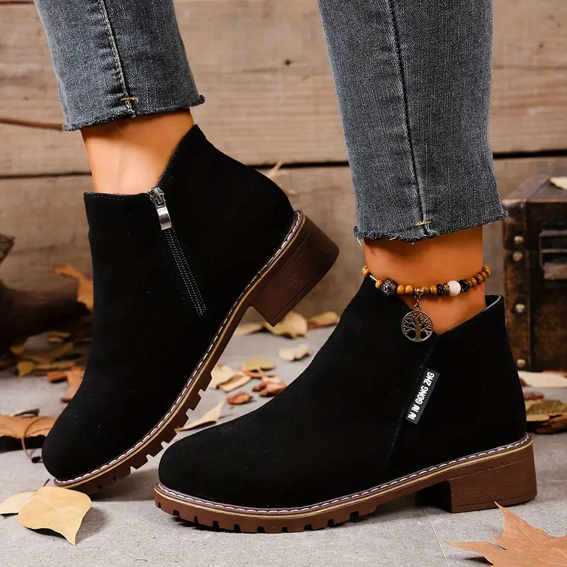 Women's Chunky Heel Ankle Boots - Retro British Style with Side Zipper