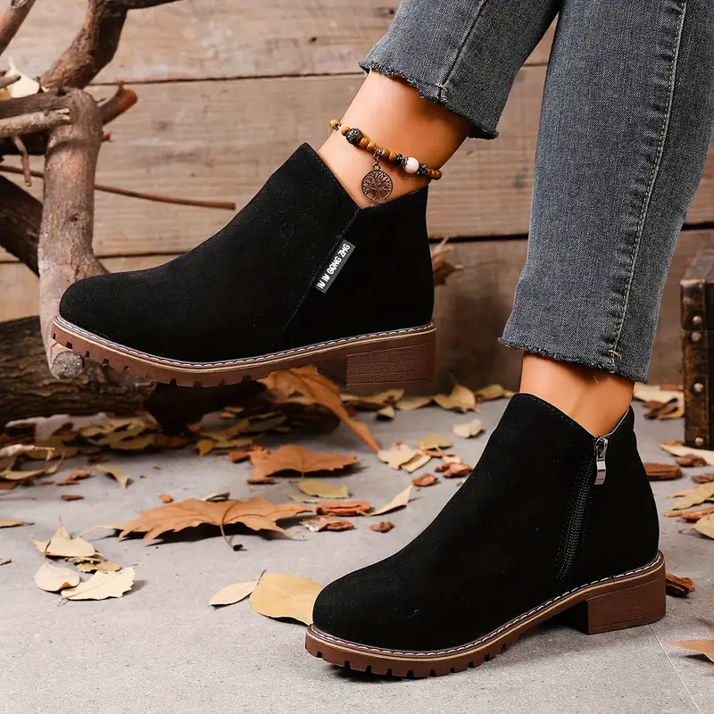 Women's Chunky Heel Ankle Boots - Retro British Style with Side Zipper