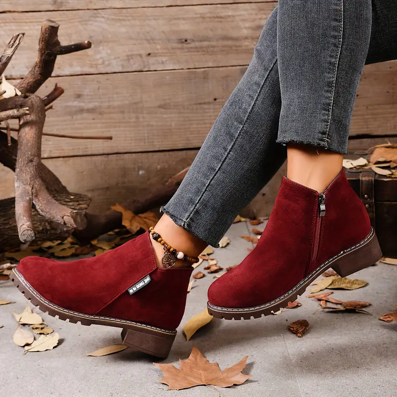 Women's Chunky Heel Ankle Boots - Retro British Style with Side Zipper