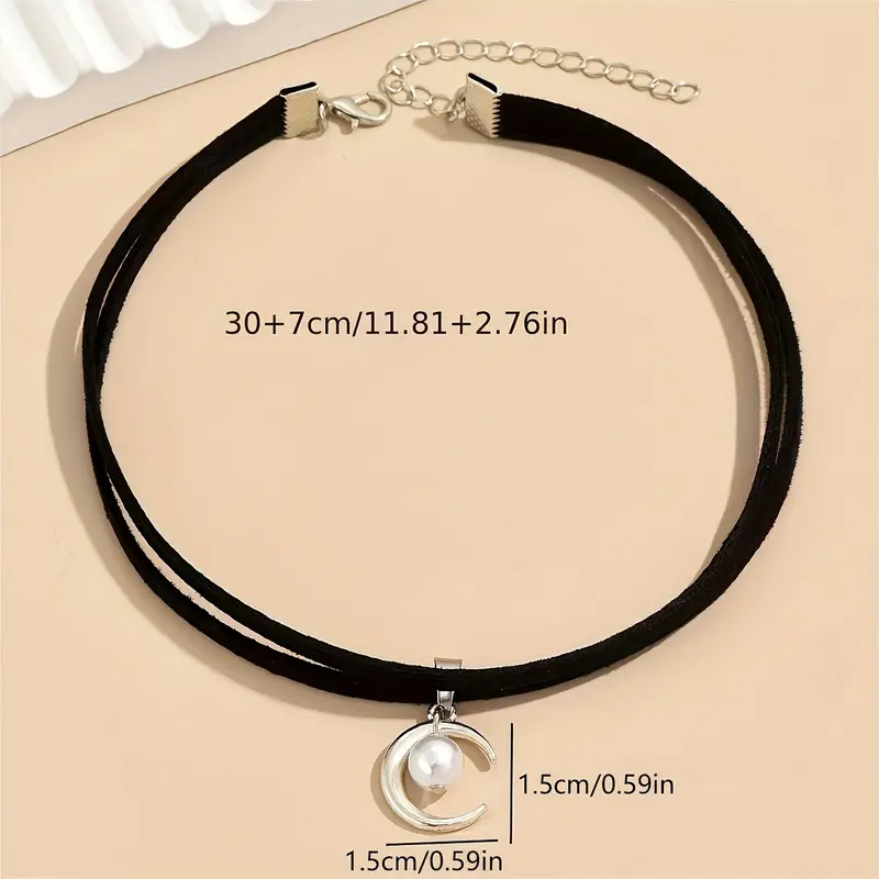 Elegant Black Rope Double Layer Choker with Moon Pendant