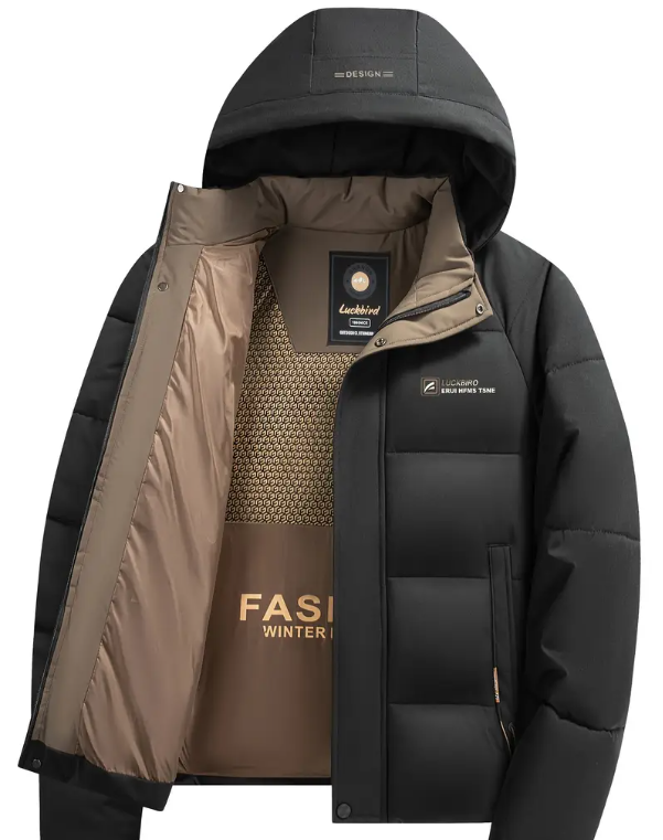 Men's Heavy-Duty Winter Jacket - Hooded Coat with Zippered Front in Beige/Brown Two-Tone