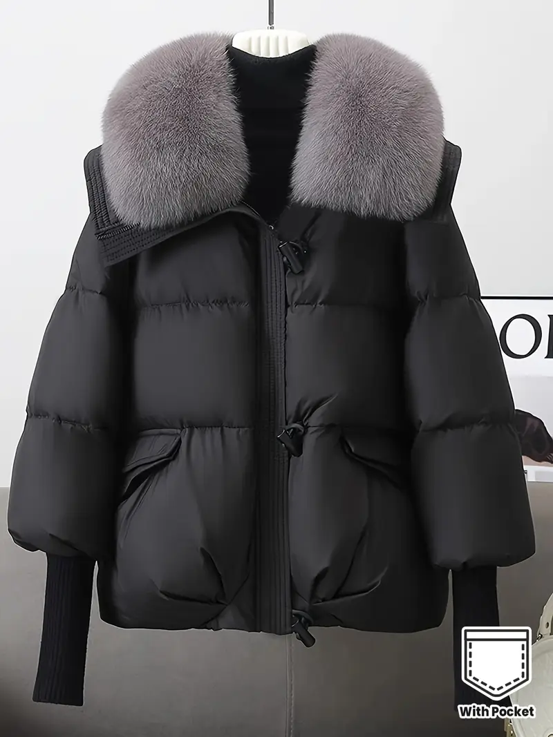Removable Faux Fur Lined Thickened Winter Coat - Casual Loose Fit A-Line Cut