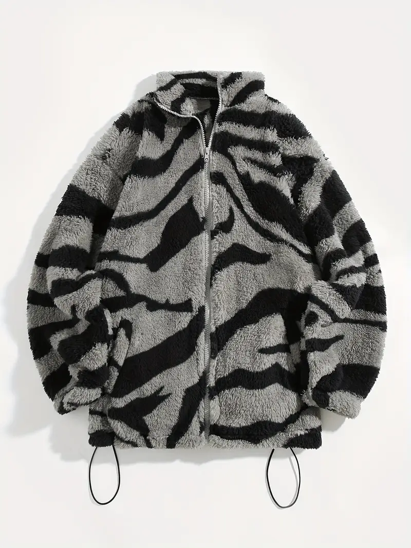 Aztec Pattern Fuzzy Jacket, Casual Zip Up Outwear For Winter & Fall