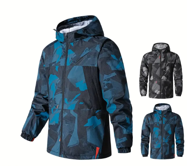 Men's Heavyweight Windproof Jacket - Thermal Insulated Hooded Coat with Camouflage Design