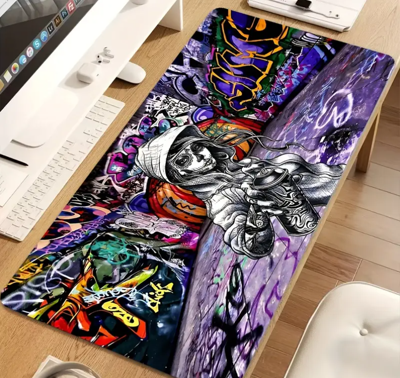 Large Extended Gaming & Office Desk Mat - Non-Slip Rubber Base with Vibrant Graffiti Design