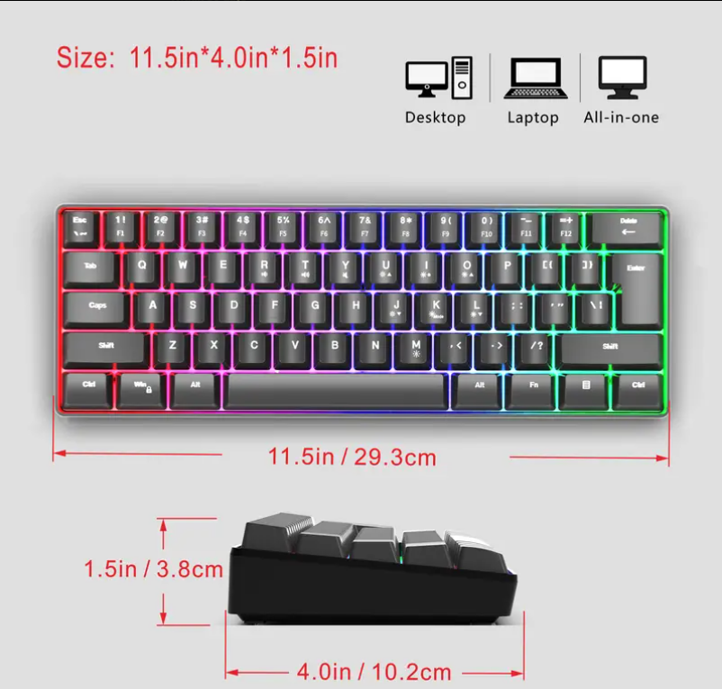 RGB žaidimų USB šviečianti klaviatūra - mini 60 % kompiuterio klaviatūra 61 klavišas