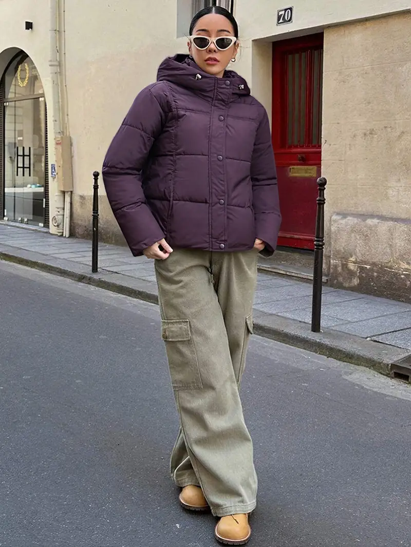 Women's Hooded Winter Jacket - Loose Fit Lined Coat with Front Pockets