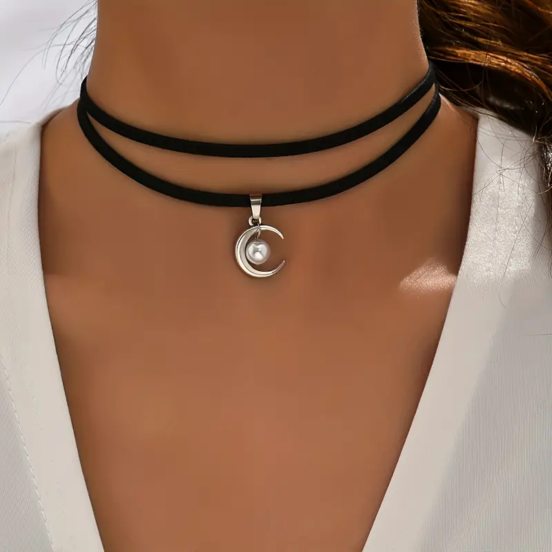 Elegant Black Rope Double Layer Choker with Moon Pendant