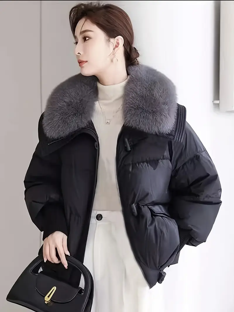 Removable Faux Fur Lined Thickened Winter Coat - Casual Loose Fit A-Line Cut
