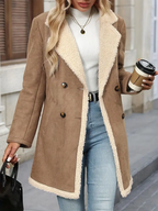 Women's Elegant Double-Breasted Long Coat - Brown & White Contrast