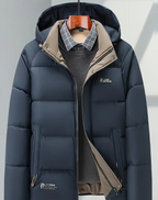 Men's Heavy-Duty Winter Jacket - Hooded Coat with Zippered Front in Beige/Brown Two-Tone