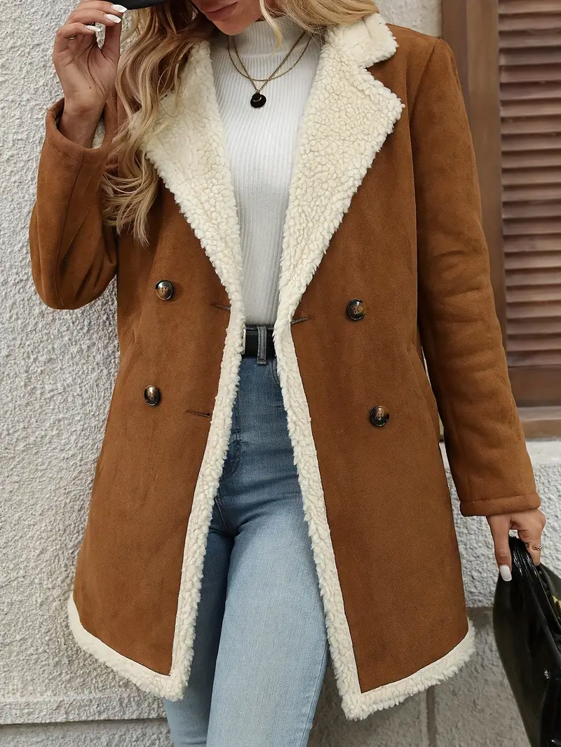 Women's Elegant Double-Breasted Long Coat - Brown & White Contrast