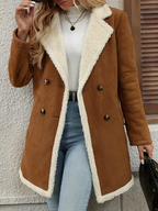 Women's Elegant Double-Breasted Long Coat - Brown & White Contrast