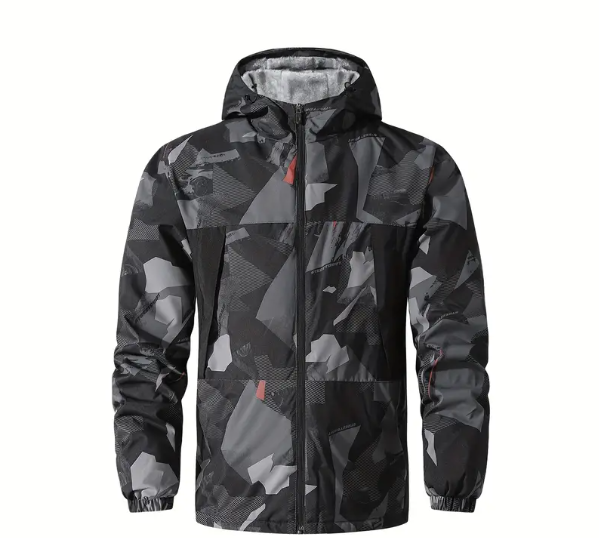 Men's Heavyweight Windproof Jacket - Thermal Insulated Hooded Coat with Camouflage Design