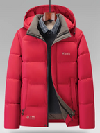 Men's Heavy-Duty Winter Jacket - Hooded Coat with Zippered Front in Beige/Brown Two-Tone