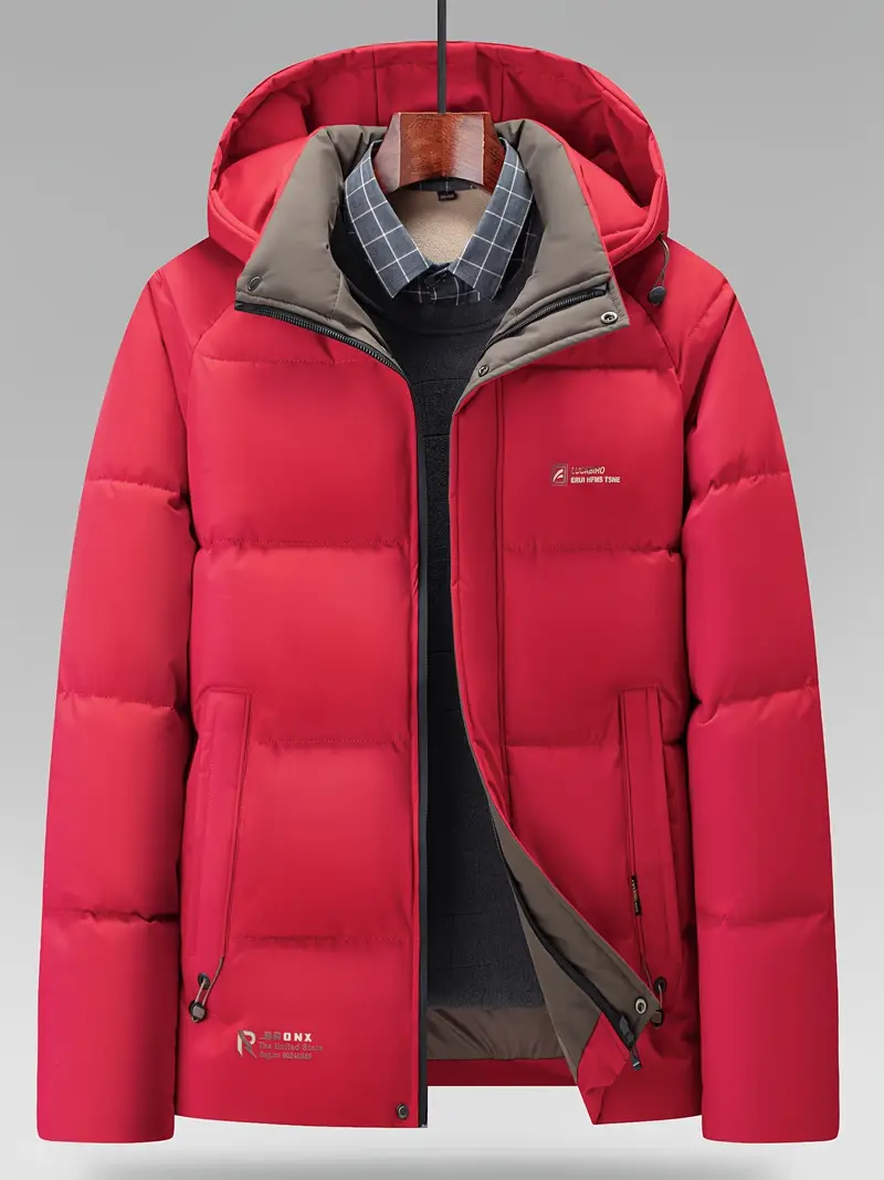 Men's Heavy-Duty Winter Jacket - Hooded Coat with Zippered Front in Beige/Brown Two-Tone