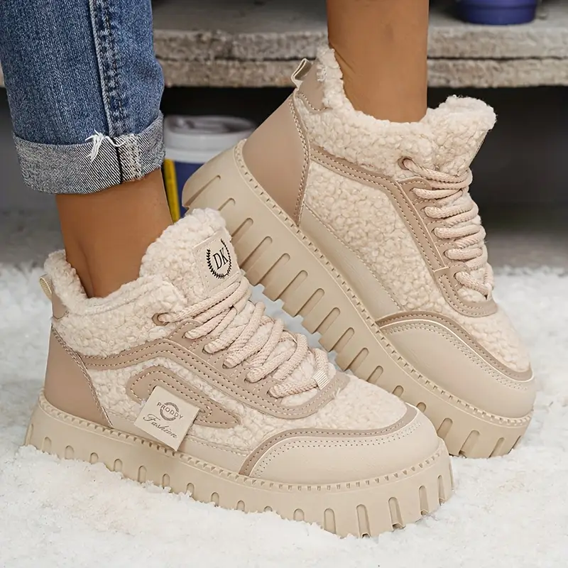 Women's Winter Chunky Platform Snow Boots - Shiny Black with Beige Plush Lining