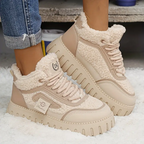 Women's Winter Chunky Platform Snow Boots - Shiny Black with Beige Plush Lining