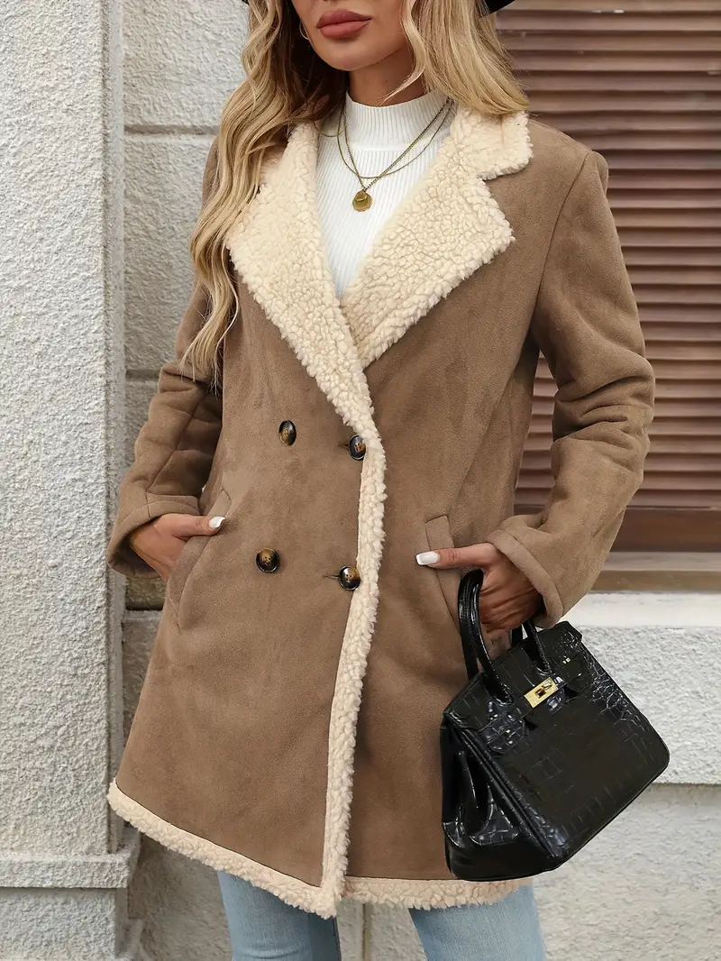 Women's Elegant Double-Breasted Long Coat - Brown & White Contrast