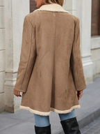 Women's Elegant Double-Breasted Long Coat - Brown & White Contrast